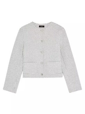 Theory Sleek Ivory Multi Checked Wool Crop Size 2 Jacket